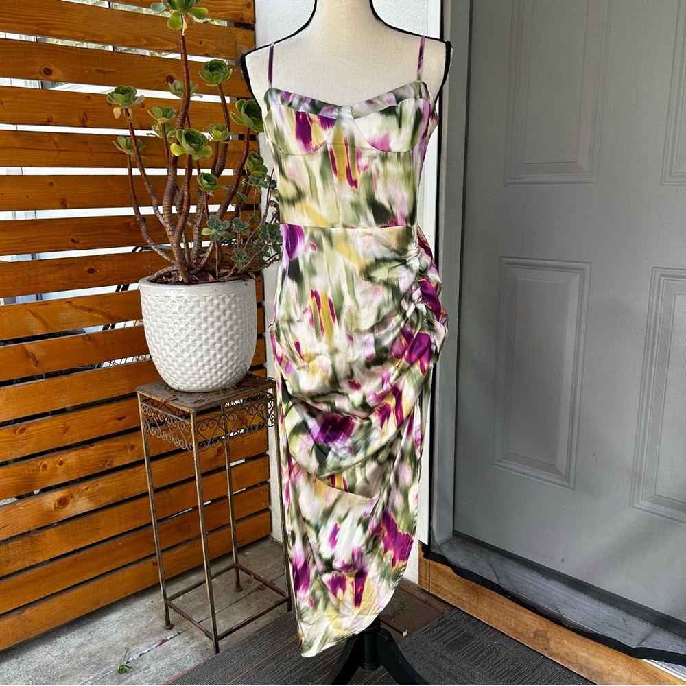 Cider Pastel Watercolor Satin Dress Maxi Ruched Sexy Halter Spaghetti Straps M